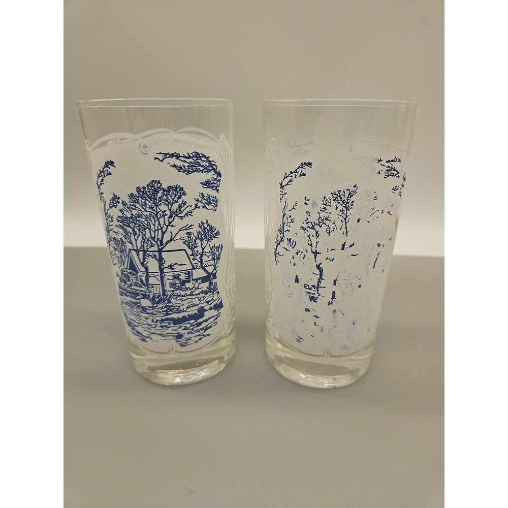 Vintage Currier & Ives Set of 2 Drinking Glasses, 5 1/2" One Glass Fadded Color